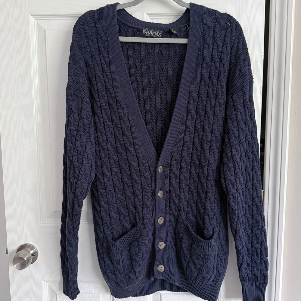 Sweater Graphix Cardigan Womens L Oversized Cable Knit Navy Blue 100% Cotton